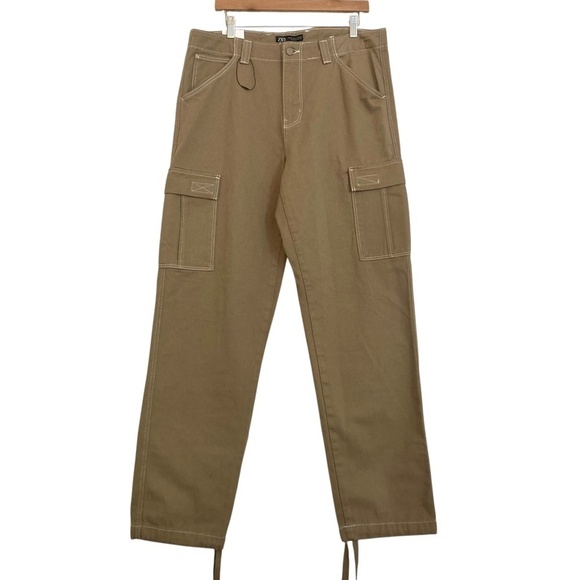 ZARA Denim Cargo Pants 34 Brown Topstitched Straight Baggy Drawstring Leg